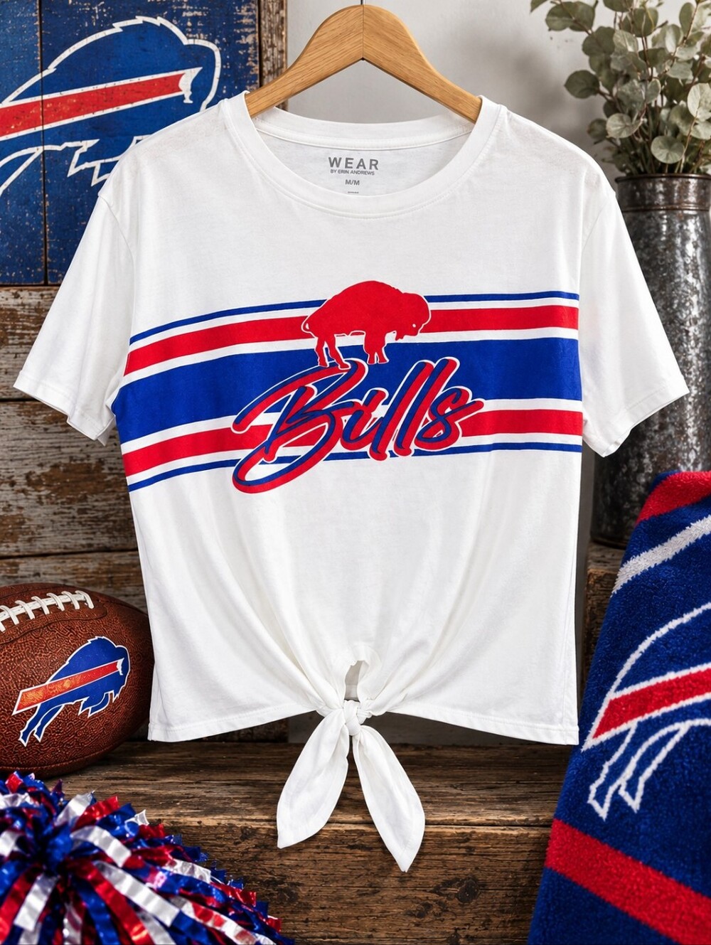 Buffalo Bills Women’s Graphic Tie Front Tee M/M White Red Blue NFL EUC